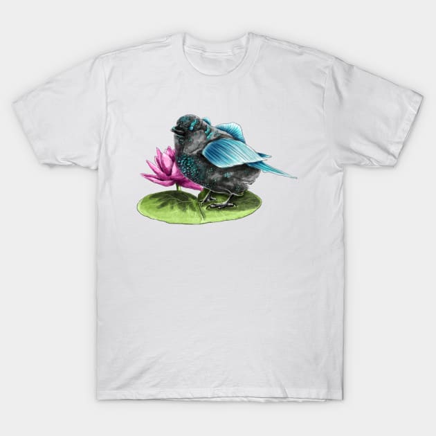 Magical water sparrow on lily pad T-Shirt by Lyndeartha